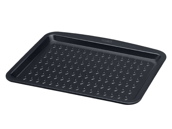 Rectangular baking tray with black non-stick coating.