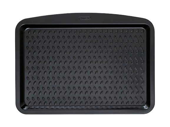 Rectangular baking tray with black non-stick coating, viewed from above.