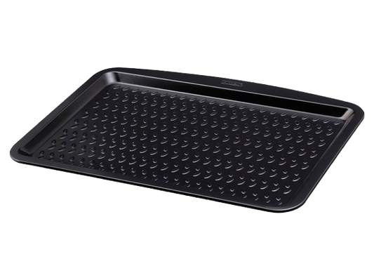 Rectangular baking tray with black non-stick coating.