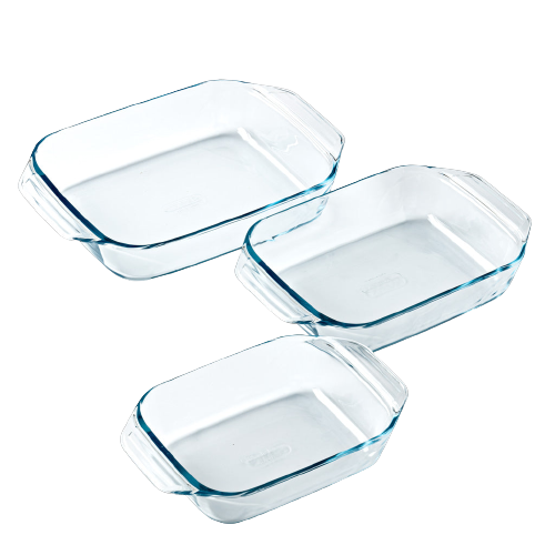 Set of 3 rectangular glass oven dishes with easy grip