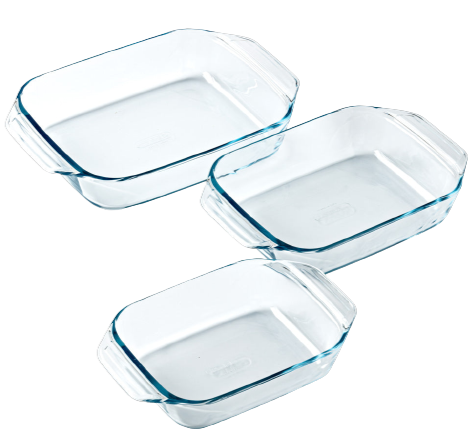 Set of 3 rectangular glass oven dishes with easy grip
