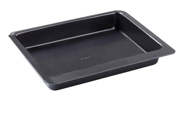 Rectangular black metal baking tray with a large handle for easy handling.