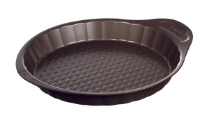 Non-stick metal tart tin with large handles for easy handling.
