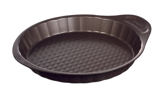 Non-stick metal tart tin with large handles for easy handling.