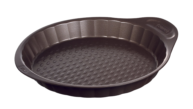 Non-stick metal tart tin with large handles for easy handling.