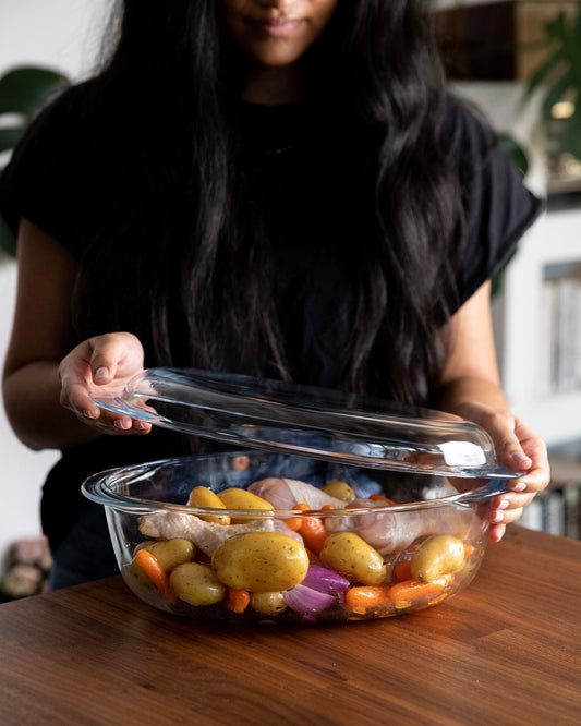 Large oval glass casserole dish