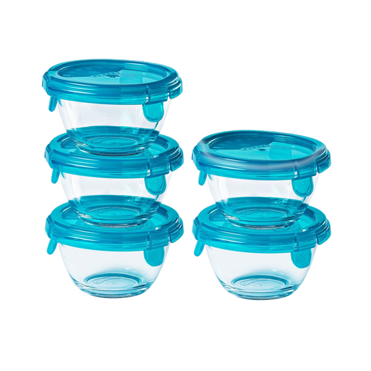 Set of five small glass storage bowls with turquoise-coloured plastic airtight lids.