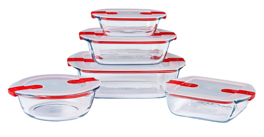 Set of 5 storage boxes, storage box with lid, food storage box, storage box with microwave compatible lid , pyrex, borosilicate glass
