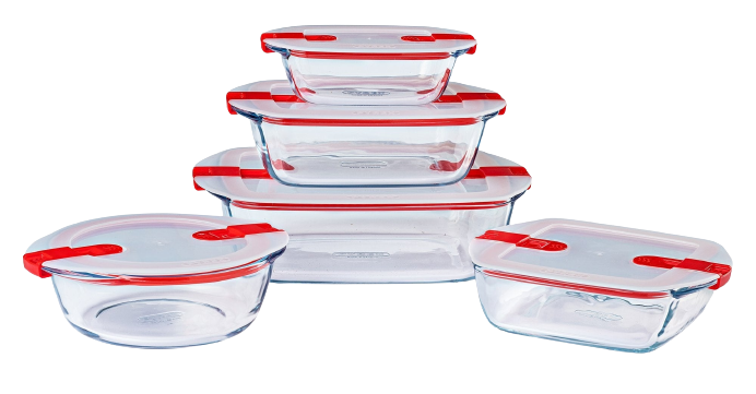 Set of 5 storage boxes, storage box with lid, food storage box, storage box with microwave compatible lid , pyrex, borosilicate glass