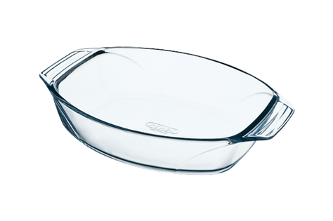 Oval glass baking dish with large handles for easy handling.