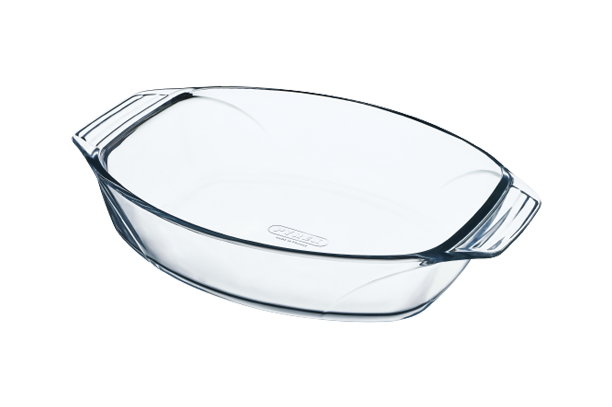 Oval glass baking dish with large handles for easy handling.