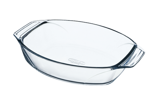 Oval glass baking dish with large handles for easy handling.