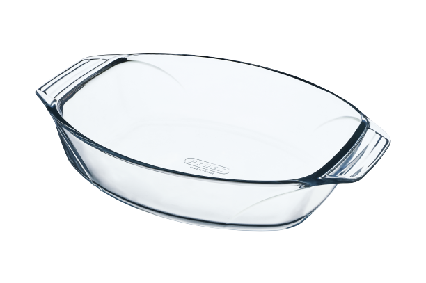 Oval glass baking dish with large handles for easy handling.