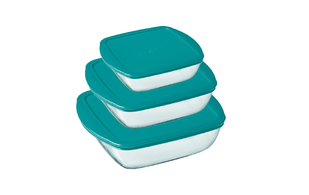 Set of three square glass storage containers in different sizes with plastic lids.