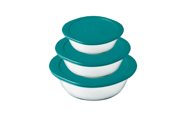 Set of three round storage boxes of different sizes with plastic lids.