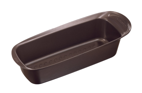 Non-stick metal cake tin with large handles for easy handling.