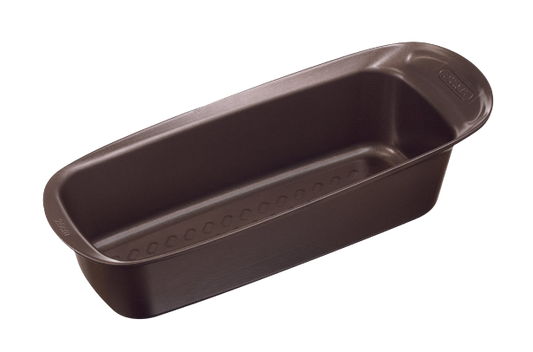 Non-stick metal cake tin with large handles for easy handling.