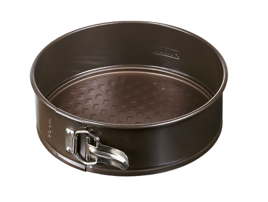 Round springform pan in non-stick metal.