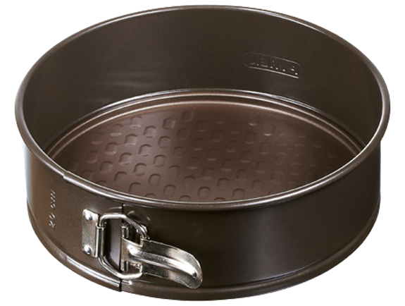 Round springform pan in non-stick metal.