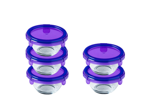 Set of five small glass storage bowls with purple plastic airtight lids.