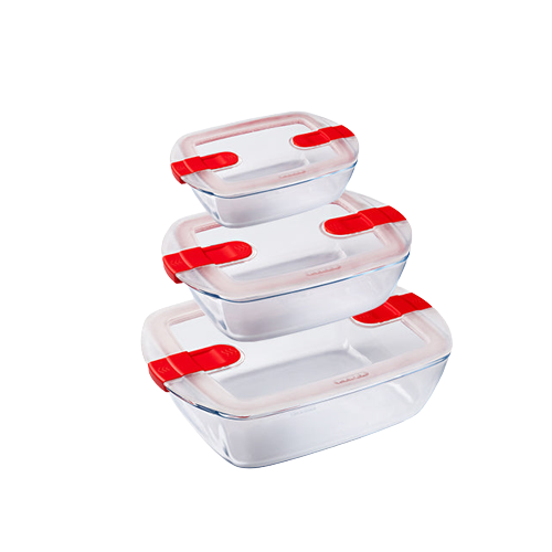 Set of 3 storage boxes, storage box with lid, food storage box, storage box with microwave compatible lid , pyrex, borosilicate glass