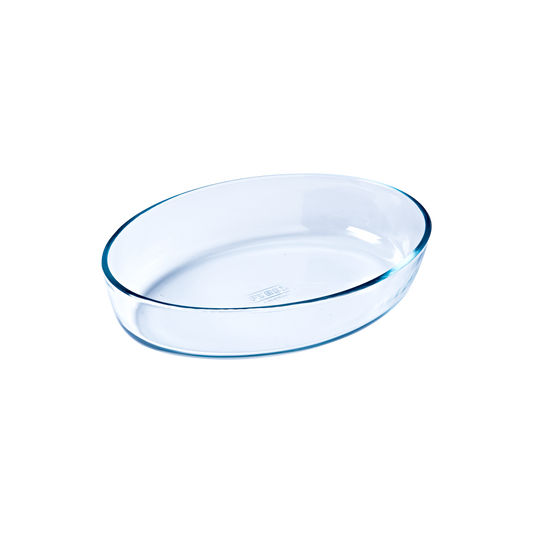 Oval glass baking dish.