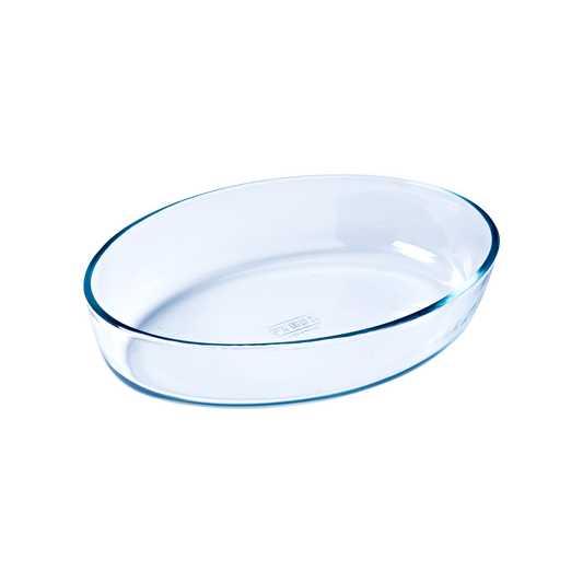 Oval glass baking dish.