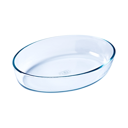 Oval glass baking dish.