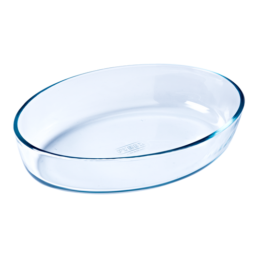 Oval glass baking dish.