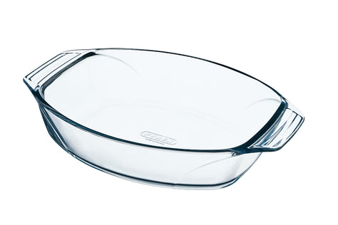 Oval glass baking dish with large handles for easy handling.