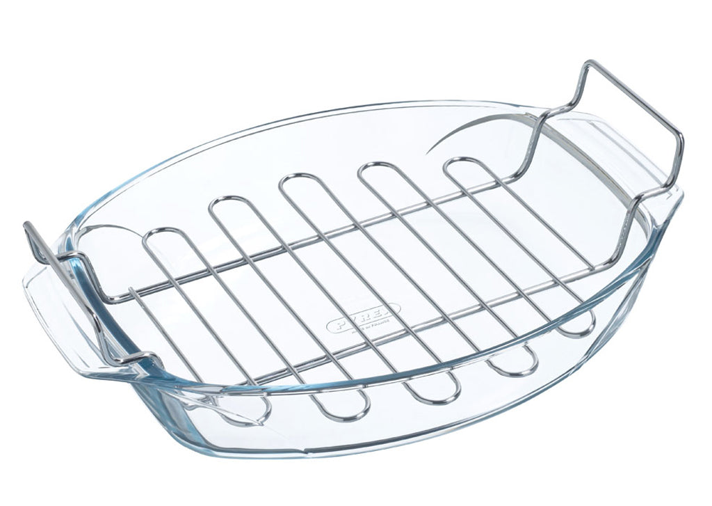 Oval glass baking dish with large handles and stainless steel baking rack.