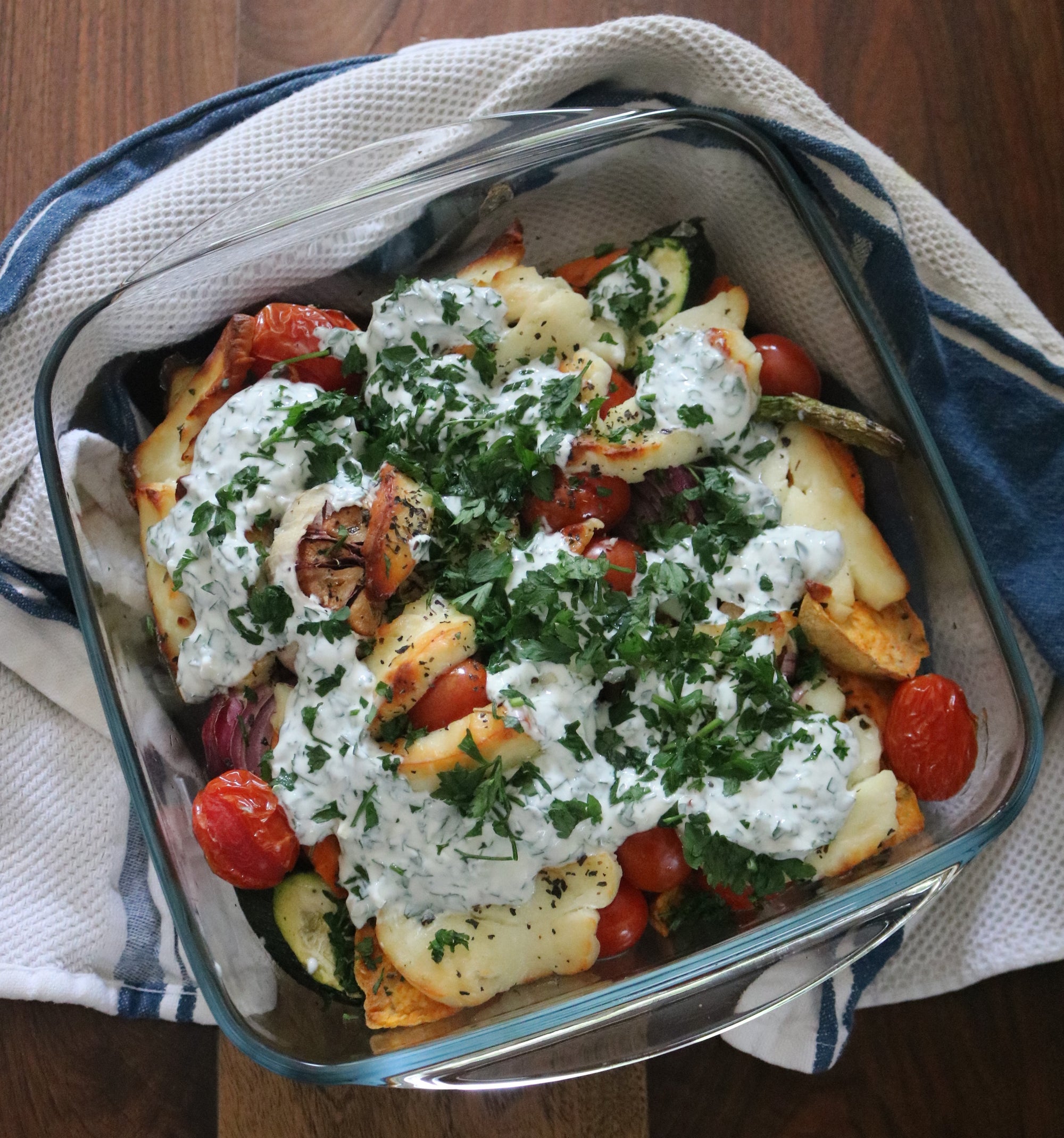 Roasted Halloumi and Vegetables with Parsley Yoghurt dressing