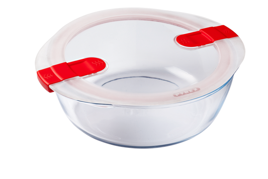 Round glass dish with steam valve lid - Cook & Heat
