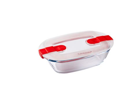 Rectangular glass dish with steam valve lid Cook Heat