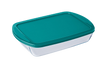 Rectangular family-sized glass baking dish with plastic lid.