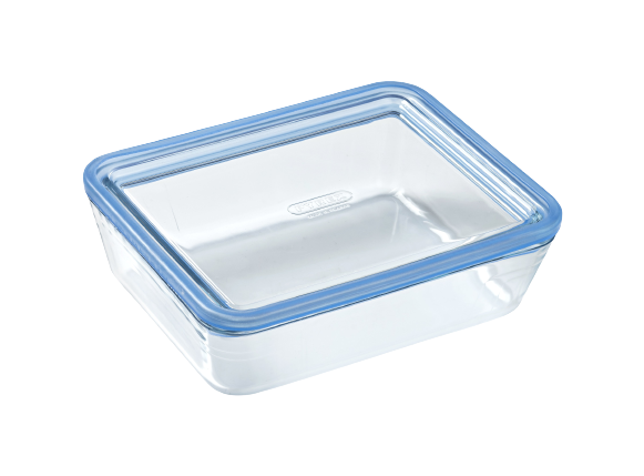 Square glass food container blue plastic lid 6 x 6  / 15 x 15 cm -  Frigoverre - Bormioli Rocco
