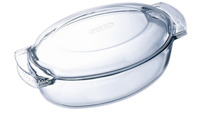 Large oval glass casserole dish