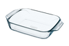 Rectangular glass baking dish with large handles for easy handling.