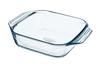 Square glass baking dish with large handles for easy handling.
