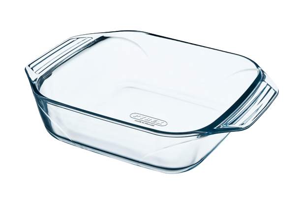 Square glass baking dish with large handles for easy handling.