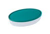 Oval family-sized glass baking dish with plastic lid.