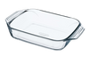Rectangular glass baking dish with large handles for easy handling.
