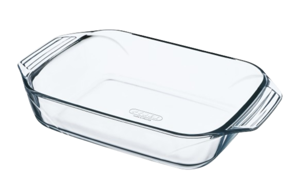 Rectangular glass baking dish with large handles for easy handling.
