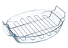 Oval glass baking dish with large handles and stainless steel baking rack.