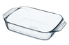 Rectangular glass baking dish with large handles for easy handling.