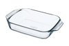 Rectangular glass baking dish with large handles for easy handling.