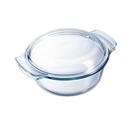 Cocotte ronde en verre borosilicate avec couvercle et poignées ergonomiques, idéale pour la cuisson au four ou la conservation des aliments.