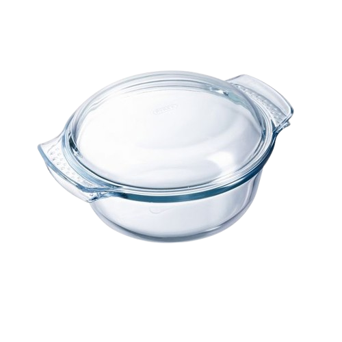 Cocotte ronde en verre borosilicate avec couvercle et poignées ergonomiques, idéale pour la cuisson au four ou la conservation des aliments.