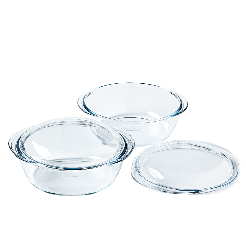 Set of 2 round glass casserole dishes