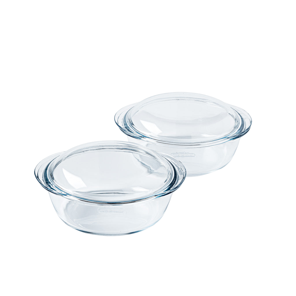 Set of 2 round glass casserole dishes